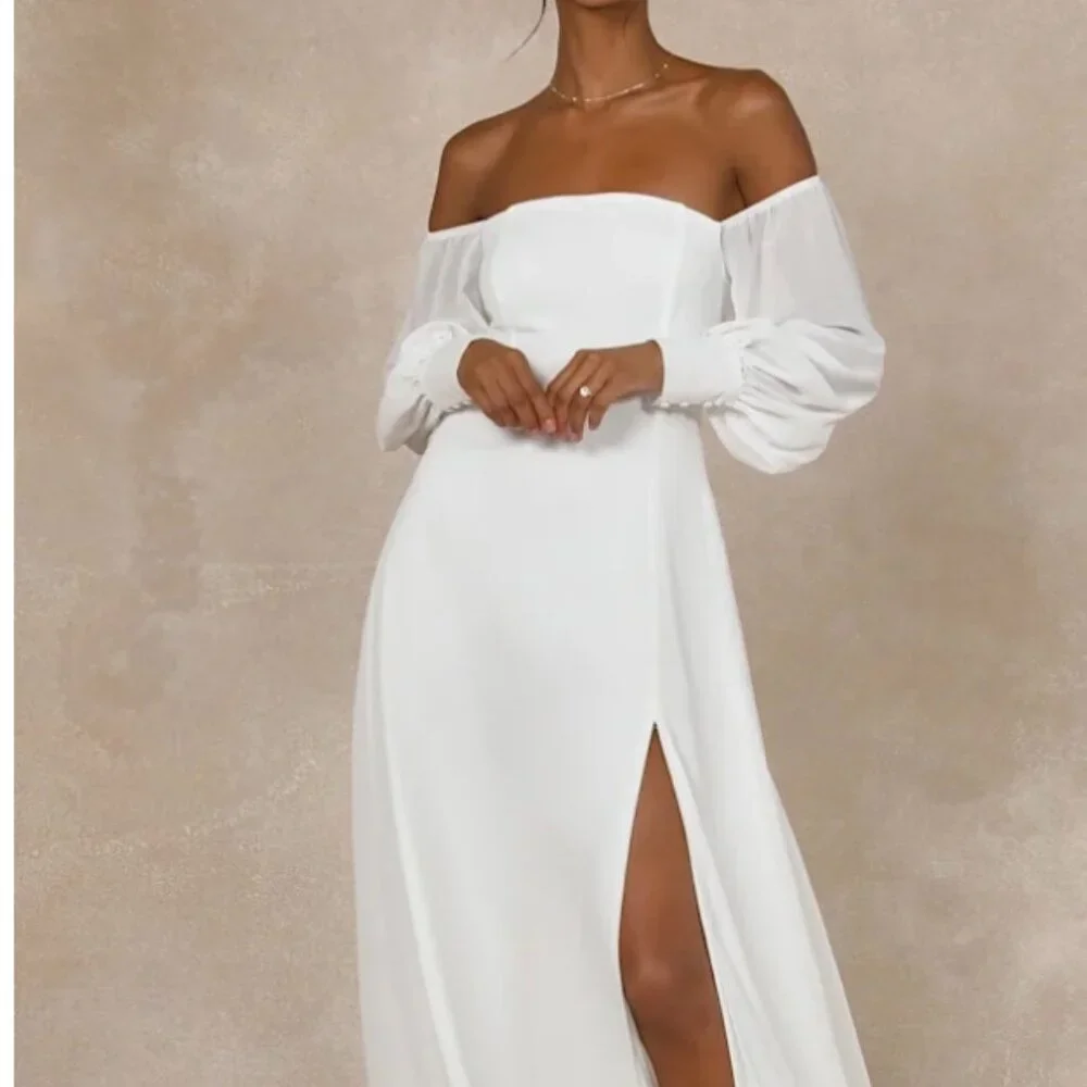 Lulus Wm's Feel the Romance White Off-the-Shoulder Chiffon Maxi Dress Sz L #613 - Picture 1 of 8